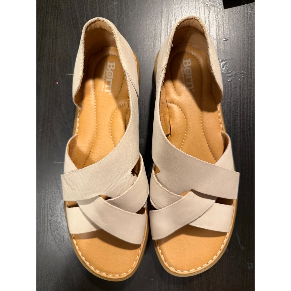 Born Womens Leather Crisscross Flat Sandals Cream Off-White BR0054911 Size 9M